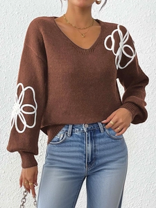 Brown V-neck knit sweater for women with 3D white flower embroidery and loose fit design