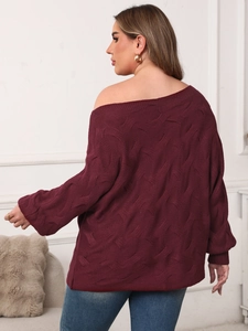 Maglione bordeaux da donna con spalle scoperte, maglia a trecce e maniche a pipistrello