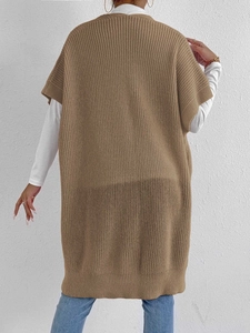 Back view of a long khaki knitted vest featuring textured thick-knit fabric design