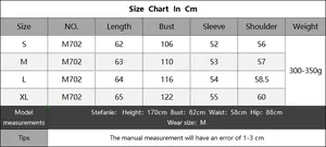 Detailed size chart for women's bow tie cardigan showing measurements from S to XL