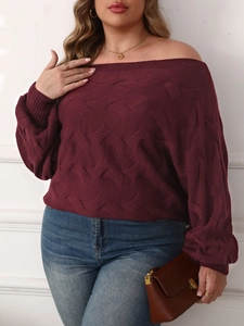 Maglione taglie forti bordeaux con spalle scoperte, maglia a trecce e vestibilità ampia