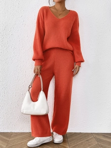 Women's chic orange V-neck knit sweater and wide-leg trousers two-piece fashion set