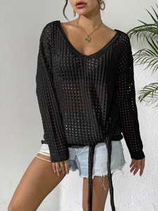Boho black hollow out knit cover-up with V-neck and front bow tie detail for women