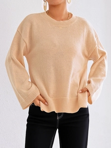 Damen Strickpullover in Apricot mit weiten Ärmeln und vertikalem Rippenstrick-Muster