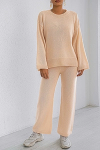 Detailed knit texture of long-sleeve sweater and wide-leg pants loungewear set