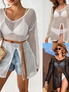 Cache-Maillot de Plage en Crochet à Col en V pour Femmes Ajouré Manches Longues Fente Latérale Robe en Maille pour Vacances d'Été