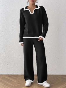 Ensemble deux pièces en tricot noir pour femme avec pull polo et pantalon large fluide