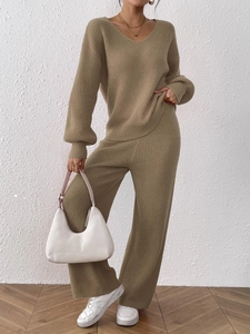 Women's 2-piece knit set featuring a V-neck sweater and wide-leg trousers in khaki