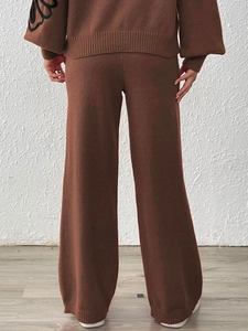 Women brown knit matching set with high waist wide leg pants and ribbed cuff long sleeves