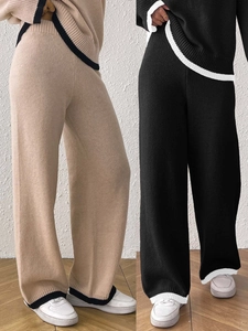 Pantaloni da Donna Casual in Maglia a Contrasto Vita Alta Gamba Larga Larghi Dritti Morbidi in Poliestere Pantaloni alla Moda