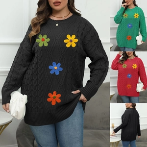 Detailed knit texture and colorful floral patches on plus size long sleeve sweater