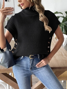 Elegante gilet in maglia nera a collo alto con bottoni laterali per donne moderne