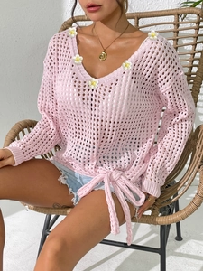 Pink V-neck hollow crochet knit sweater with floral applique and adjustable waist tie