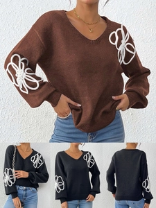 Women Casual V Neck Sweater With 3D Cord Flower Applique Irregular Embroidery Long Sleeve Knit Pullover Jumper For Streetwear