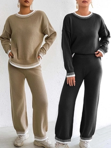 Ensemble Loungewear Femme Pull en Tricot Et Pantalon Large Bloc de Couleur Col Rond Manches Longues Décontracté