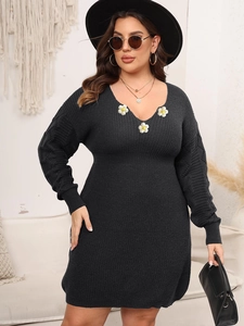 Elegant dark grey V-neck knit midi dress with white daisy floral embroidery patches