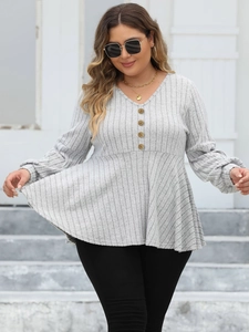 Light gray V-neck long sleeve top with ribbed knit texture and gold button details