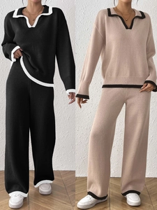 Ensemble Top Et Bas en Tricot pour Femmes Couleur Contrastée Patchwork Col Polo Pull à Manches Longues Pantalon Large Décontracté
