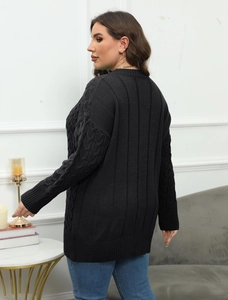 Women's plus size black cable-knit sweater with vintage textures and a crewneck design