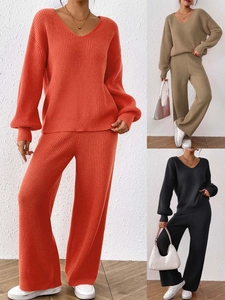Women Casual Deerskin Plush Knitted V Neck Loose Top And Wide Leg Pants Solid Color Warm Sweater Top And Bottom