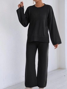 Women's black knit loungewear set with crewneck sweater and wide-leg pants