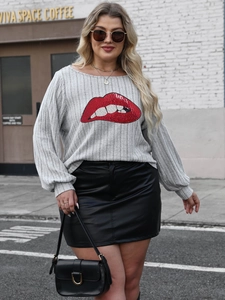 Women Plus Size Sequin Lip Stripe T-Shirt Casual Long Sleeve Round Neck Loose Gray Top For Autumn Fashion Streetwear