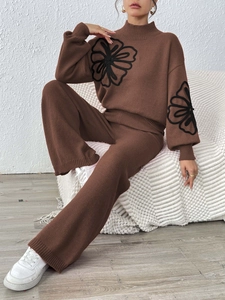 Women's brown knit set with flower embroidery, turtleneck sweater and wide leg pants