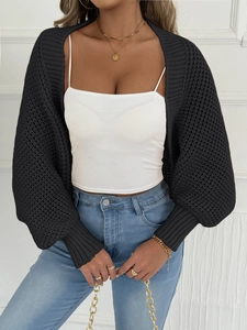 Schwarze Häkelstrickjacke für Damen mit lockerem Puffärmel und Rippbündchen am Ärmel