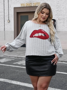 Grey striped plus size sweatshirt with sequined red lip motif and black mini leather skirt