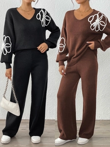 Ensemble Pull en Maille et Pantalon Large pour Femmes Col en V Patchwork Fleur Manches Longues Top And Bottom