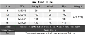 Detailed size chart for high waist wide leg trousers showing waist, hip, and length specs