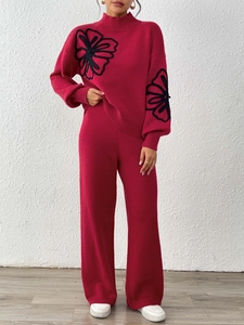 Deep red knit set with floral embroidery sweater and high waist wide leg trousers