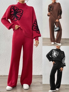 Women Embroidery Flower Half High Neck Pullover Sweater And Wide Leg Pants Knit Tracksuit Casual Street Fashion Warm Set
