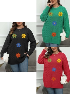 Plus Size Women Cable Knit Sweater With 3D Crochet Flower Patchwork Round Neck Long Sleeve Loose Pullover Jumper Top