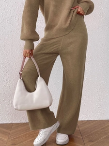 Women's khaki knit lounge set with long sleeve top and wide leg straight trousers