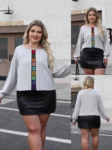 Plus Size Women Grey Ribbed Knit T-Shirt With Colorful Crochet Flower Patchwork Round Neck Long Sleeve Casual Pullover Top