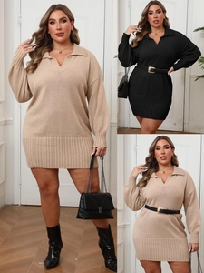 Plus Size Long Sleeve Knit Dress For Women Polo Collar V Neck Ribbed Trim Solid Color Sweater Dress Autumn Winter Fashion