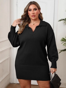 Chic black long sleeve knit polo dress with V-neckline and textured ribbed trim