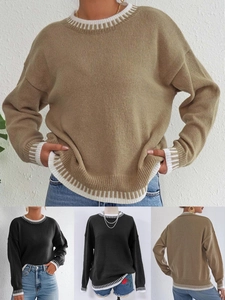 Maglione da Donna in Maglia con Bordo a Costine a Contrasto e Blocchi di Colore Pullover a Maniche Lunghe Girocollo Casual