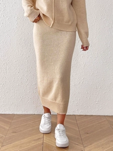 Women's minimalist oatmeal knit two-piece sweater and midi skirt set for casual wear