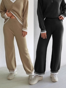 Pull en Tricot Femme Et Pantalon Large Bloc de Couleur Rayure Manches Longues Tenue Décontractée Streetwear