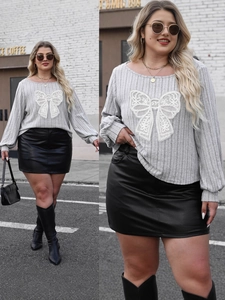 Plus Size Women Ribbed Knit Long Sleeve Top With Lace Bow And PU Leather Skirt Casual Streetwear Ribbed Co-ords