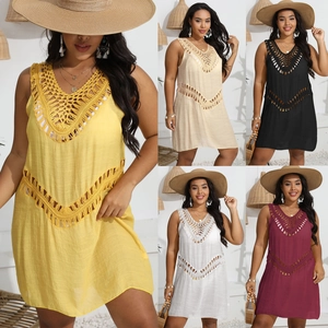 Women Plus Size Crochet Hollow Out Beach Cover Up Dress Sleeveless V Neck Bohemian Vacation Swimwear Smock Sundress