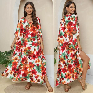 Women Bohemian Tropical Floral Print Kaftan Dress V Neck Loose Batwing Sleeve Beach Vacation Maxi Dress With High Slit