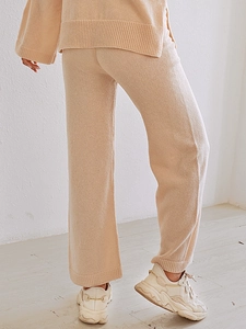 Women high waist beige knit wide leg pants with ribbed cuffs for casual daily look