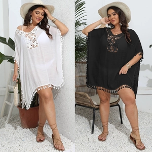 Women Plus Size Crochet Hollow Out Tassel Beach Cover Up Sexy V Neck Loose Bikini Sun Protection Swimsuit Robe