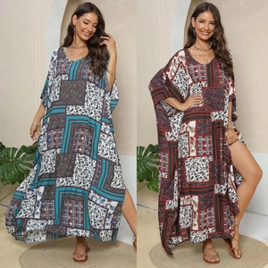 Women's Bohemian Print Kaftan Maxi Dress V Neck Batwing Sleeve Loose Side Slit Beach Cover Up Vacation Ethnic Long Dress