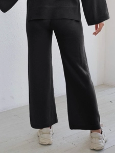 High waist black knit wide-leg pants and long sleeve top set for women stylish streetwear