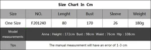 Size chart for oversized beach cover-up with length, bust, and model measurements