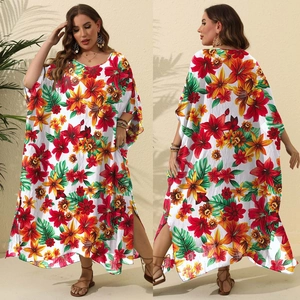Abito Maxi Kaftano Floreale Tropicale Taglie Forti da Donna Scollo a V Maniche a Pipistrello Copricostume da Mare Ampio